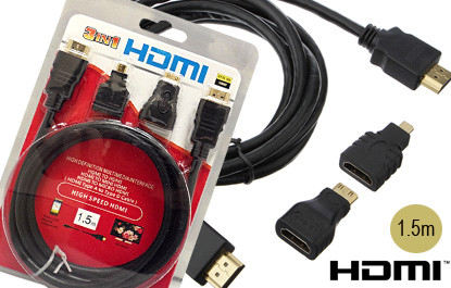 Добави още лукс Джаджи HDMI кабел 3 в 1 с адаптери 1.5 м. черен